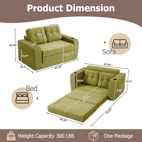 54" Boneless Convertible Sofa Bed, Corduroy Fold Out Sofa - Image 2