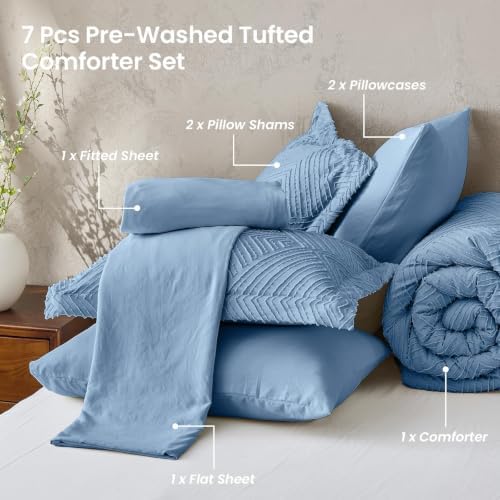JOLLYVOGUE Twin Comforter Set 5-PCS, Boho Tufted Bed in a Bag, Dusty Blue - Image 7