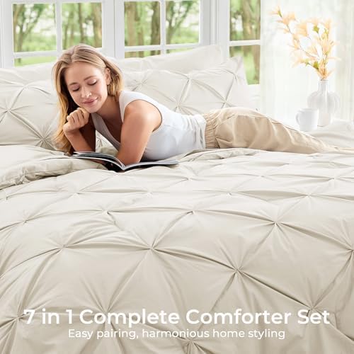Sasttie Oversized Queen Comforter Set, 7-Piece Bed in a Bag, Pintuck Bedding - Image 6