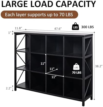 12 Cube Storage Organizer Bookshelf, Industrial Horizontal Bookcase, Accent - Image 2