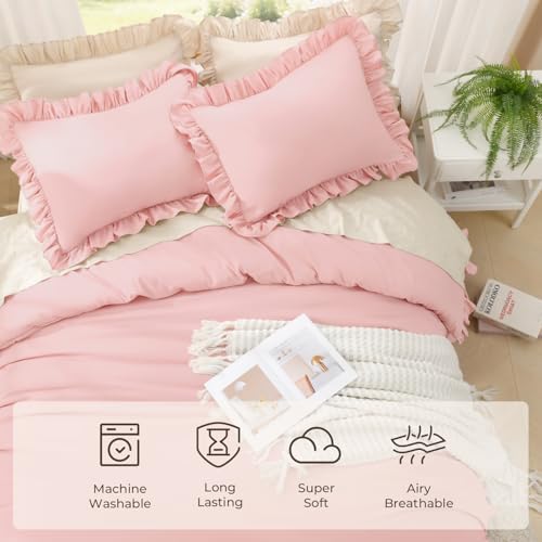 Litanika Queen Comforter Set, 3 Pieces Pink Ruffle Bedding Set - Image 5