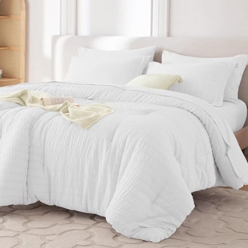 MUXHOMO King Comforter Set 7 Pieces, Seersucker Bed in a Bag by MUXHOMO