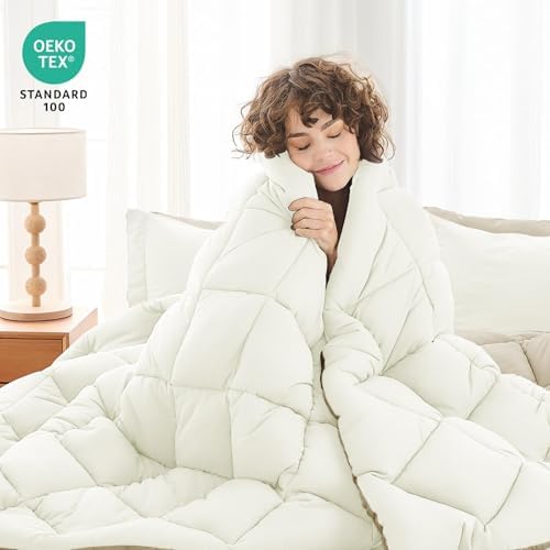 MUXHOMO Queen Comforter Set 7 Pieces, Reversible Bed in a Bag, Ivory/Khaki - Image 2