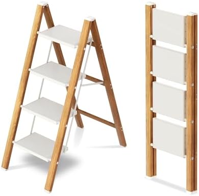 Taranta 4 Step Stool Foldable, Aluminum Step Ladder-WhiteWoodgrain by TARANTA