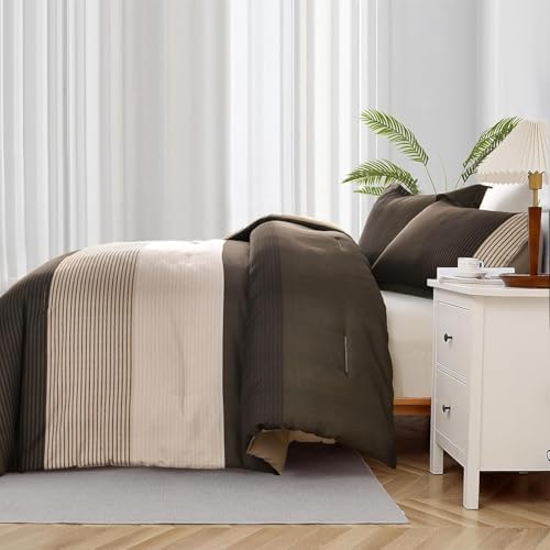 WONGS BEDDING Brown Comforter Set Full, Reversible Brown Stripe Patchwork Down - Image 5