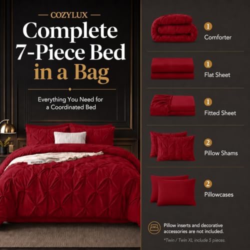 CozyLux Full Size Comforter Sets Dark Red, 7 Pieces Pintuck Bed in a Bag - Image 2