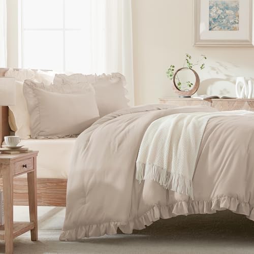 Andency Khaki King Size Comforter Set, 3 Pieces Solid Farmhouse Bedding - Image 5