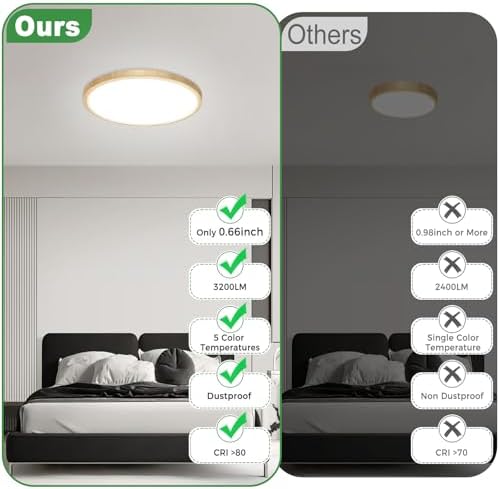 zemty 2Pack 12 inch Faux Wood LED Flush Mount Ceiling Lights, Dimmable 5 Color - Image 2