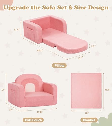 Kids Couch, 2-in-1 Soft Toddler Couch Fold Out - Image 3