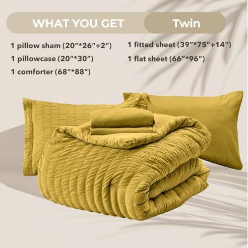 Twin Comforter Set 5PCS Bed in a Bag, Seersucker Bedding Set Mustard Yellow - Image 6