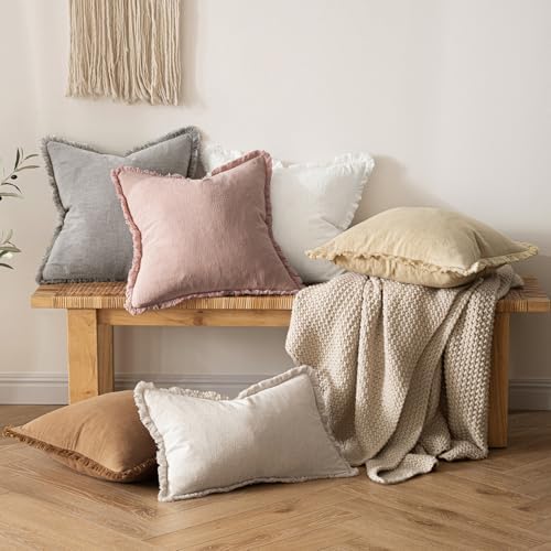 MIULEE Boho Linen Fringe Decorative Euro Throw Pillow Covers White 22x22 - Image 5