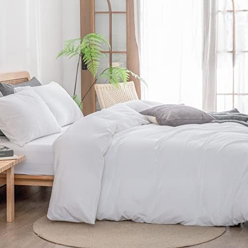 BESTOUCH Cotton Solid Duvet Cover Set Linen Feel Bright White Full - Image 3