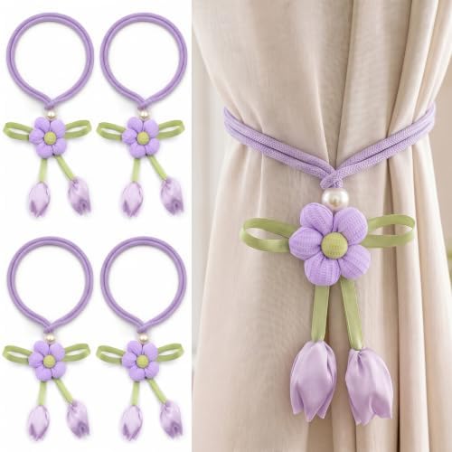 Floral Curtain Tiebacks, 4 Pack Adjustable Curtain Holdbacks by TAMHOO