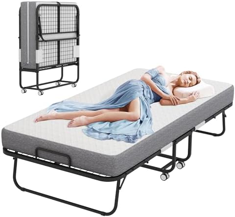 Folding Bed with 5" Memory Mattress, Roll Away Foldable Beds on Wheels by RAOGIE