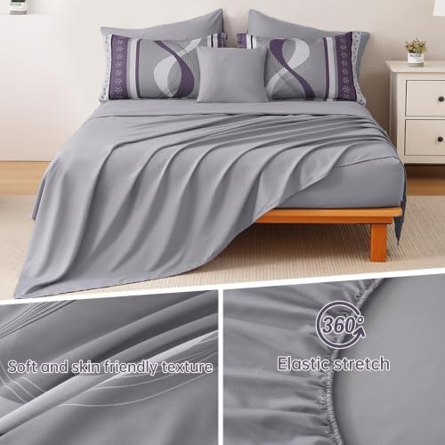 Grey Purple Comforter Set King Size, 8 Pieces Patchwork Striped Bed in a Bag - Image 5
