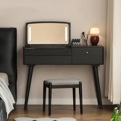 Small Vanity Desk with LED Mirror, Fully Shippment Solid Wood Flip-top Design by Wayshome