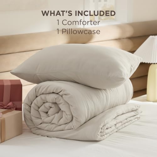 Bedsure Twin/Twin XL Comforter Set Prewashed Bedding 2Pcs Beige 68"x88" - Image 6