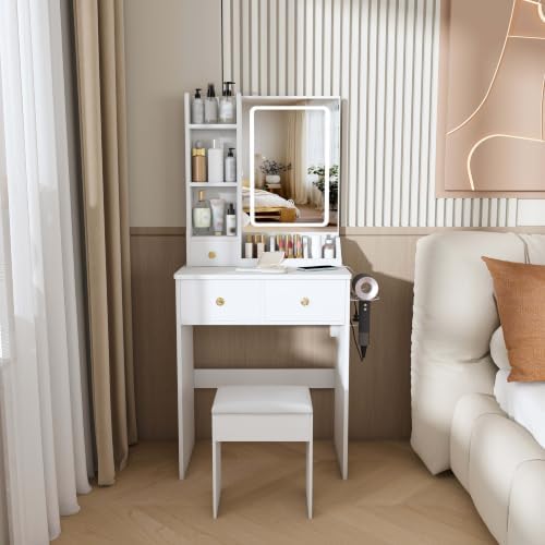 Compact Vanity Desk with 3 Lighting Modes, 3 Drawers & 6 Shelves, Side Outlet - Image 2