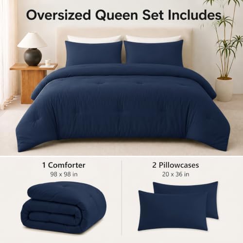CozyLux Oversized Queen Comforter Set, 3 Pieces Navy Blue Quilted Bedding - Image 2