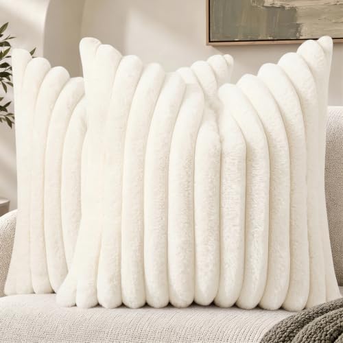 decorUhome Faux Fur Throw Pillow Covers 18x18 Set of 2 Cream White by decorUhome