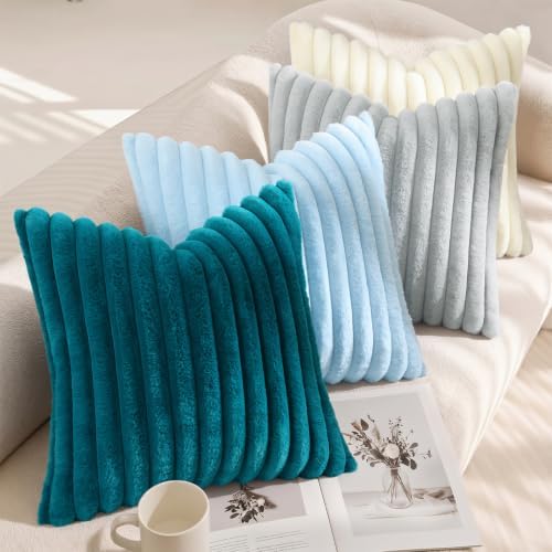 decorUhome Fall Faux Fur Throw Pillow Covers 18x18 Set of 2 Teal - Image 3