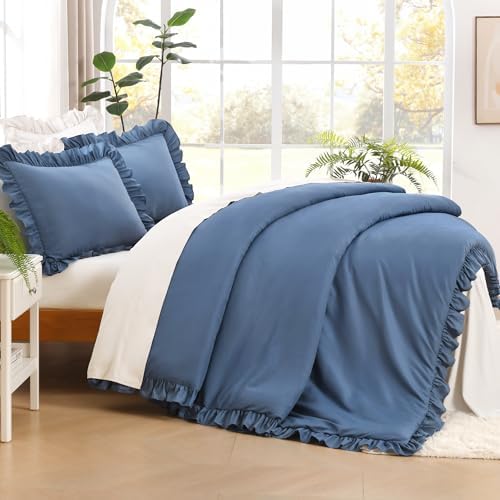 Litanika King Comforter Set, 3 Pieces Ocean Blue Ruffle Bedding Set - Image 3