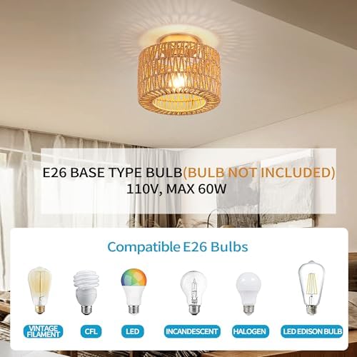 Rpzloila Rattan Ceiling Light, 1 Light Bohemian Modern Woven Flush Mount - Image 7
