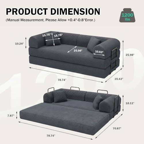 79" Convertible Futon Sofa Bed, Boneless Couch, Dark Gray - Image 2