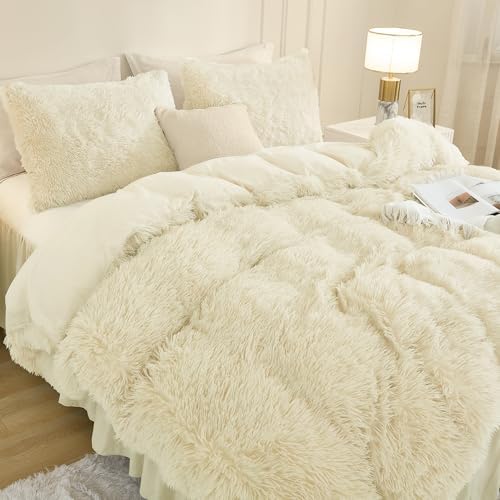 Andency Light Beige Queen Comforter Set, Fluffy Faux Fur Warm Bedding Set - Image 3