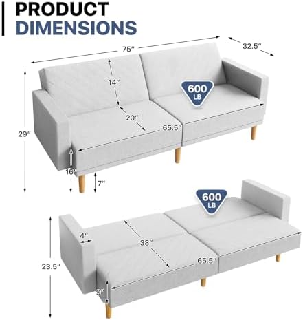75 Inch Convertible Couch Sofa Bed, Reclining Futon Sleeper - Image 2