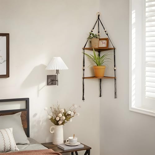 Artilady Macrame Hanging Corner Shelf Balck, Boho Wood Shelf Storage Decor - Image 3