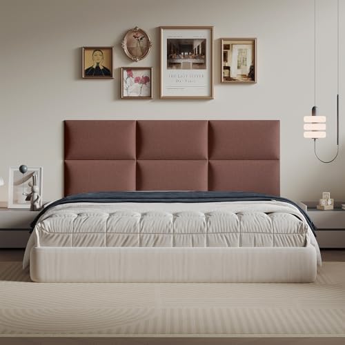 6-Piece Light Brown Linen Upholstered Headboard Twin Size, Wall Mounted Neutral by MAQQL