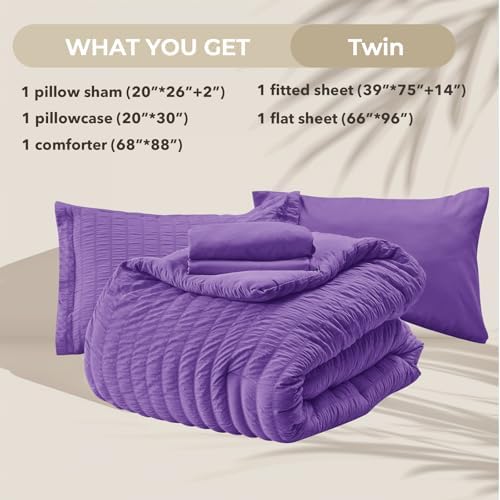 Twin Comforter Set 5PCS Bed in a Bag, Seersucker Bedding Set Bright Purple - Image 5