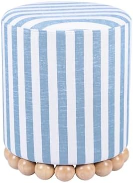 TOV Furniture Dex Small Round Ottoman Footstool, Striped Linen, Pastel Blue by TOVFurniture
