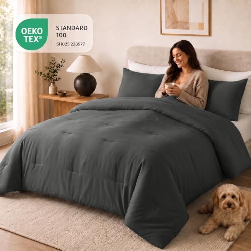 CozyLux Super King Plus Comforter Set, 3 Pieces Dark Grey Quilted Bedding - Image 5