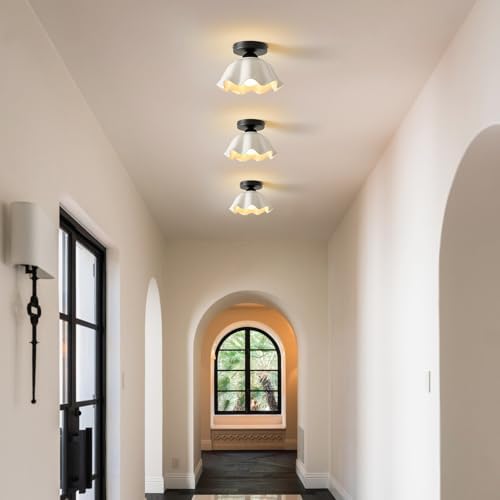 Vintage Black Semi Flush Mount Hallway Ceiling Light 2 Pack Flower Ceramic - Image 4