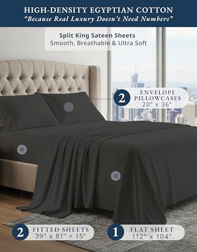 Lane Linen Split King Sheets 100% Egyptian Cotton Sateen - Image 2