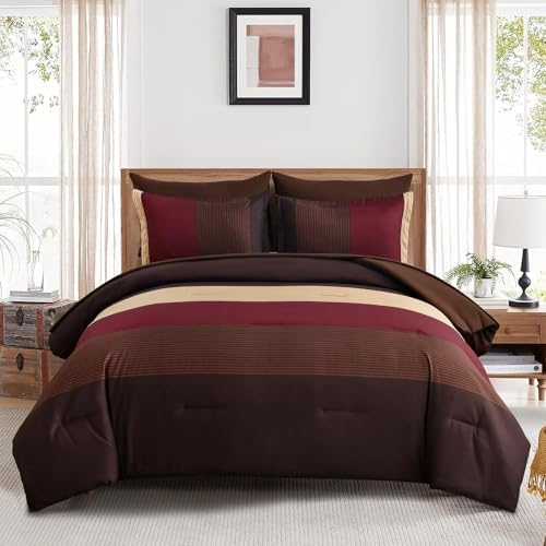 Anibedding Brown Red Comforter Set Full Size, Boho Burgundy Striped Bedding by Anibedding