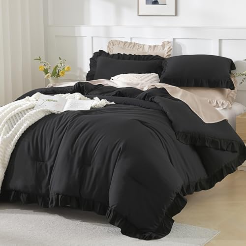 Andency Black Queen Comforter Set, 3 Pieces Farmhouse Shabby Chic Bedding - Image 4