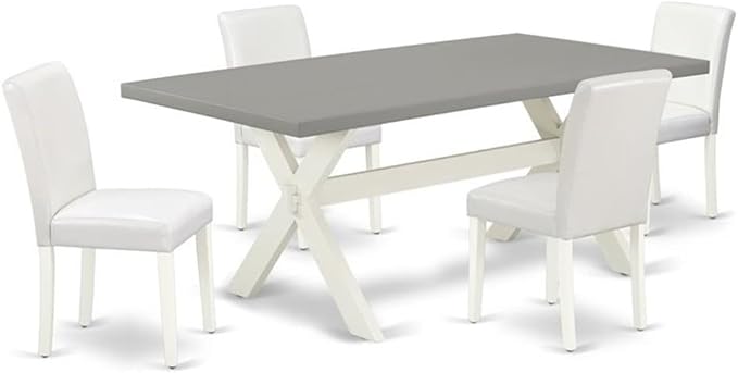 East West Furniture X097AB264-5 5 Piece Dining Room Furniture Set Includes a Rectangle Dining Table with X-Legs and 4 White Faux Leather Upholstered Chairs, 40x72 Inch, Multi-Color