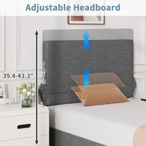 Twin Bed Frame, Chenille Headboard, Side Pockets, Dark Grey - Image 6