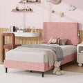 Twin Bed Frame with Chenille Headboard and Side Pockets by BarnFurin