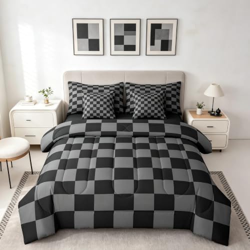 Checkered Retro Comforter Set Full Size 7 Pieces Black Grey Plaid Bedding Set by Feelyou
