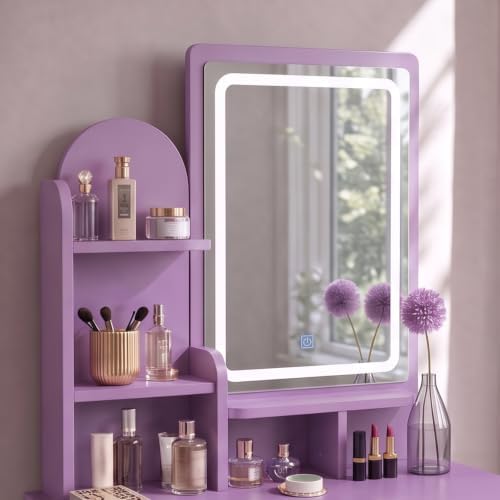 Purple Makeup Vanity Desk with Mirror and Lights, 5 Drawers - Image 6