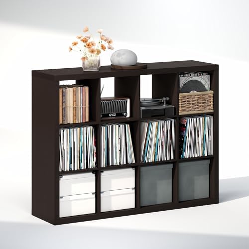 Furinno Cubicle Record Player Stand, 12-Cube Record Storage, Dark Oak - Image 3