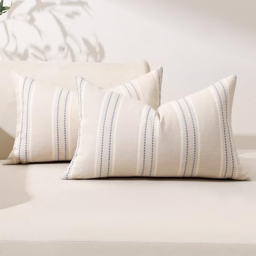 Hckot Dusty Blue Throw Pillows Covers 12x20 Linen Stripe Pillow Covers by Hckot