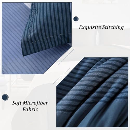 WONGS BEDDING Navy Blue Comforter Set Full, Reversible Blue Stripe Patchwork - Image 5