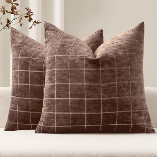 MIULEE Reddish Brown Plaid Fall Euro Throw Pillow Covers 22x22 Set of 2 by MIULEE