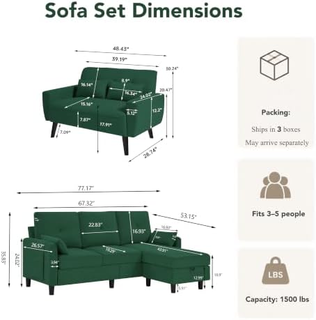 Convertible Sectional Sofa Set, Small L Shaped 3 Seat Couch - Image 2