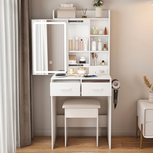 24" Small Vanity Desk with Sliding Mirror and Lights and Chair, Mini Makeup by Unknown